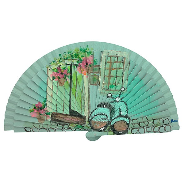 Handcrafted Spanish Classic Motorcycle Fan in Alley with Flowers