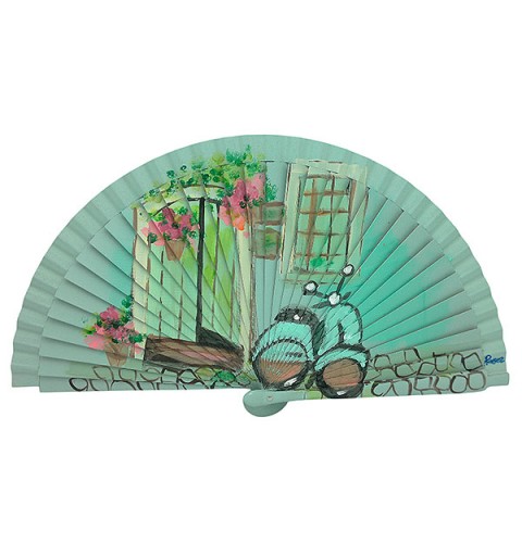 Handcrafted Spanish Classic Motorcycle Fan in Alley with Flowers
