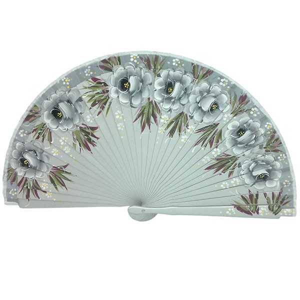 Hand-Painted Artisan Fan – Floral Design in Silver Tones