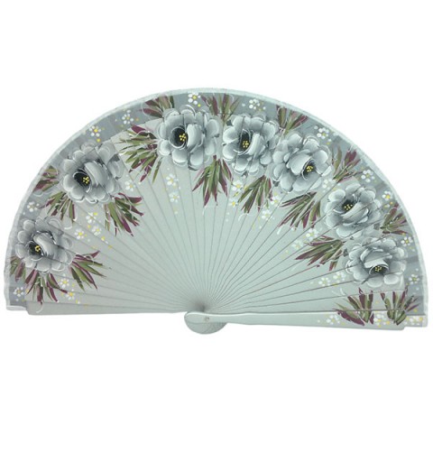 Hand-Painted Artisan Fan – Floral Design in Silver Tones