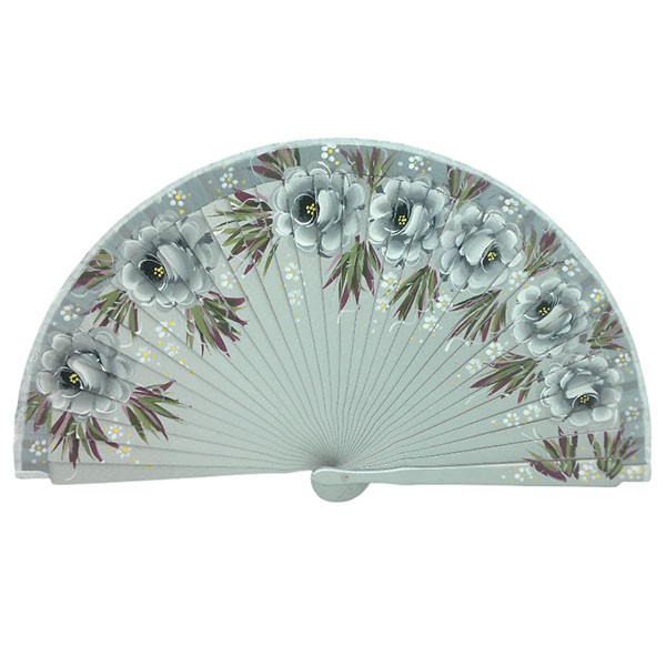 Hand-Painted Artisan Fan – Floral Design in Silver Tones