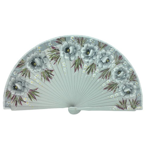 Hand-Painted Artisan Fan – Floral Design in Silver Tones