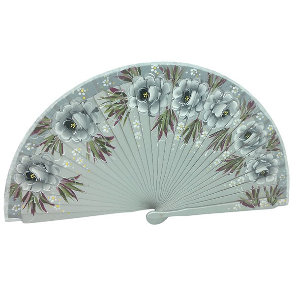 Hand-Painted Artisan Fan – Floral Design in Silver Tones