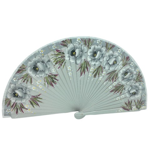 Hand-Painted Artisan Fan – Floral Design in Silver Tones