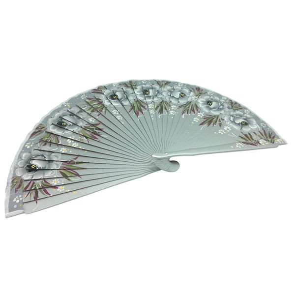 Hand-Painted Artisan Fan – Floral Design in Silver Tones