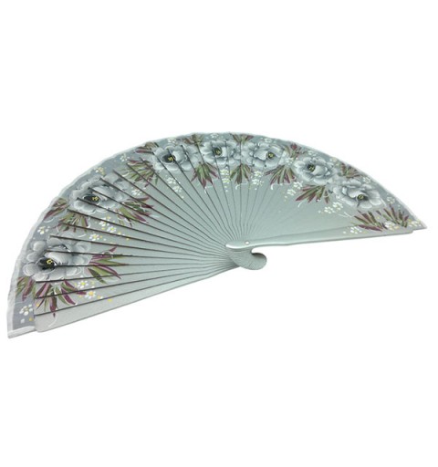 Hand-Painted Artisan Fan – Floral Design in Silver Tones