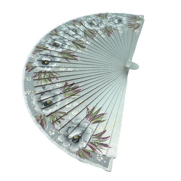 Hand-Painted Artisan Fan – Floral Design in Silver Tones