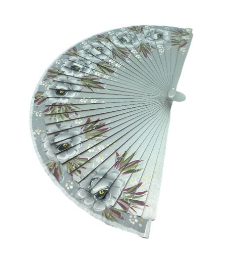 Hand-Painted Artisan Fan – Floral Design in Silver Tones
