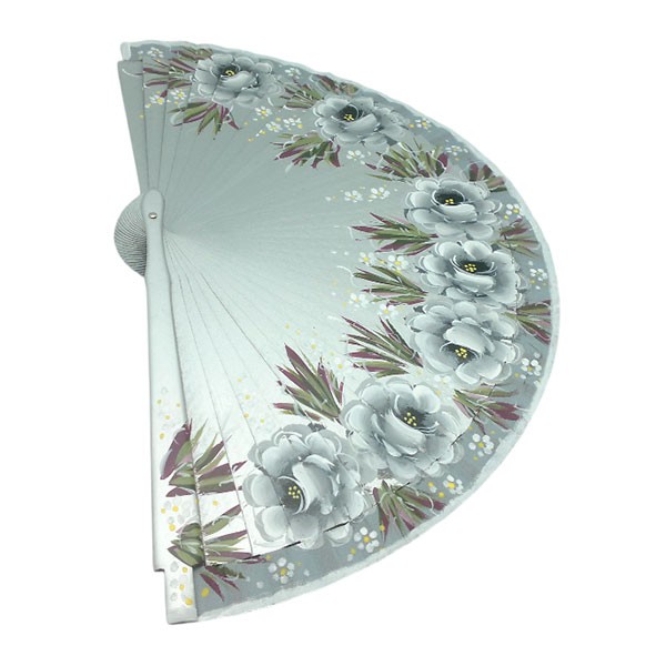 Hand-Painted Artisan Fan – Floral Design in Silver Tones