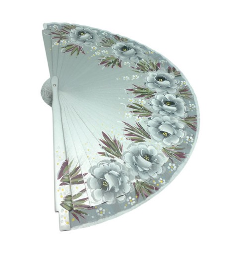 Hand-Painted Artisan Fan – Floral Design in Silver Tones