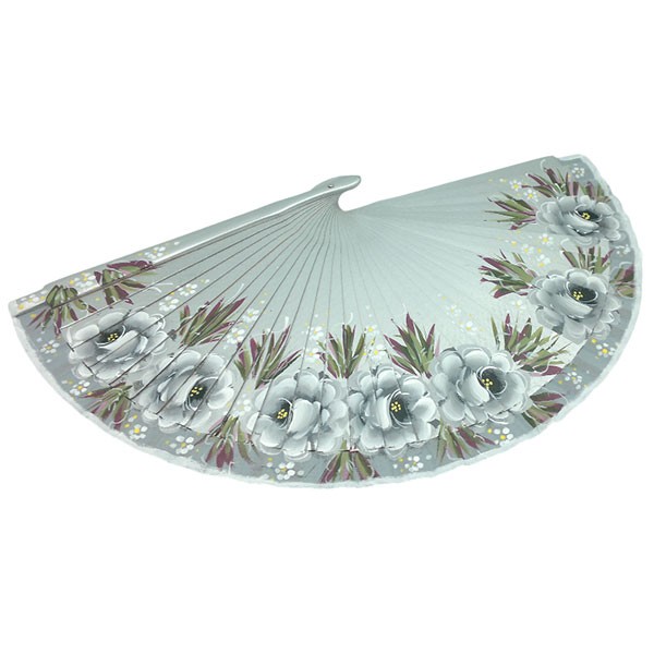 Hand-Painted Artisan Fan – Floral Design in Silver Tones