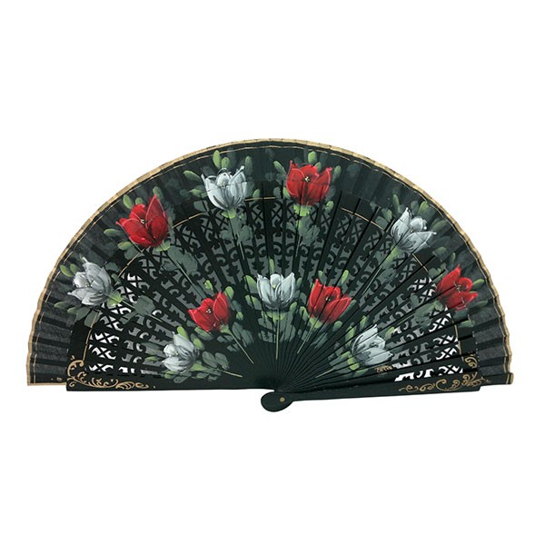 Hand-Painted Handcrafted Fan with Red and White Flowers