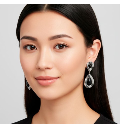 Pendientes plata de ley y azabache, doble gota