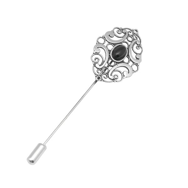 Pin-type brooch, in sterling silver and jet.