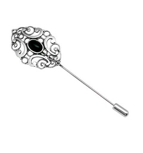 Broche tipo alfiler, en plata de ley y azabache.