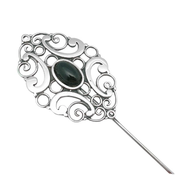 Pin-type brooch, in sterling silver and jet.