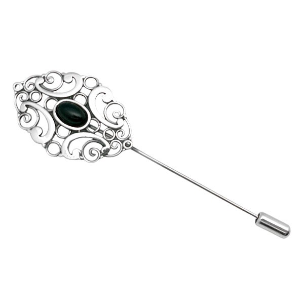 Broche tipo alfiler, en plata de ley y azabache.