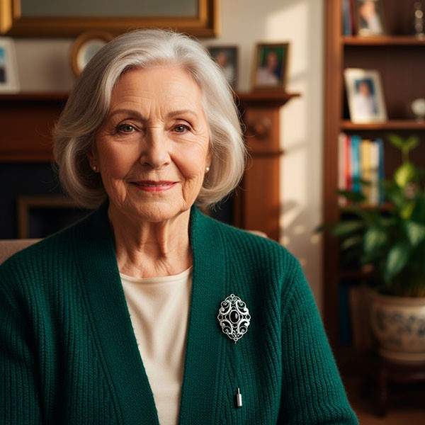 Pin-type brooch, in sterling silver and jet.