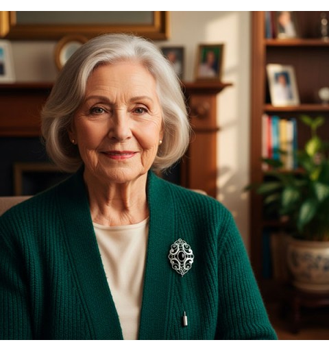 Broche tipo alfiler, en plata de ley y azabache.