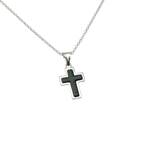 Cruz lisa, en plata de ley y azabache natural
