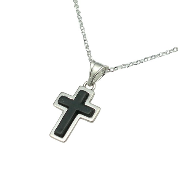 Cruz lisa, en plata de ley y azabache natural