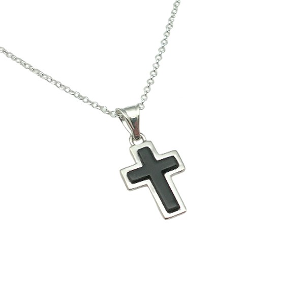 Plain cross, in sterling silver and natural jet
