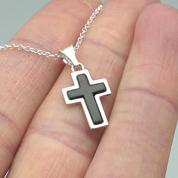Plain cross, in sterling silver and natural jet