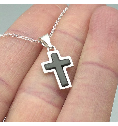 Plain cross, in sterling silver and natural jet