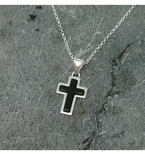 Plain cross, in sterling silver and natural jet