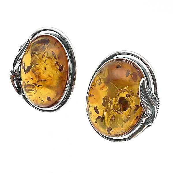 Clip earrings, silver and amber